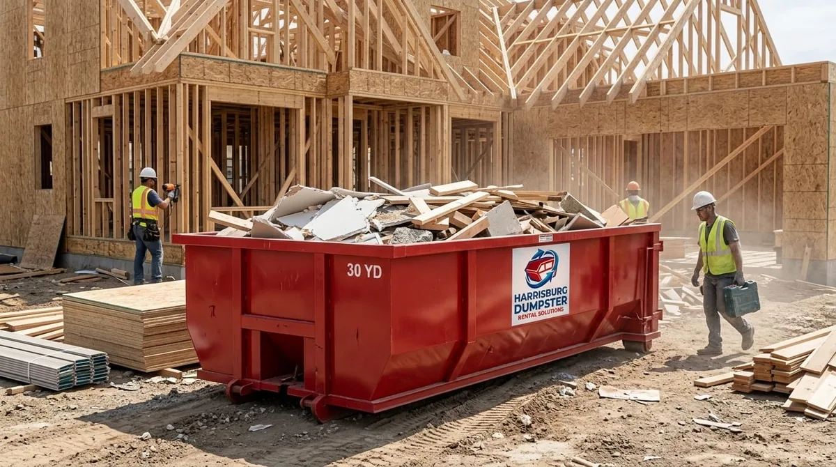 Construction dumpster on a new build site in Harrisburg, PA