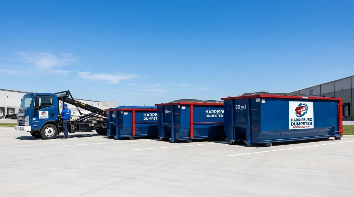 Roll-off truck hauling a loaded dumpster to the Dauphin County disposal facility