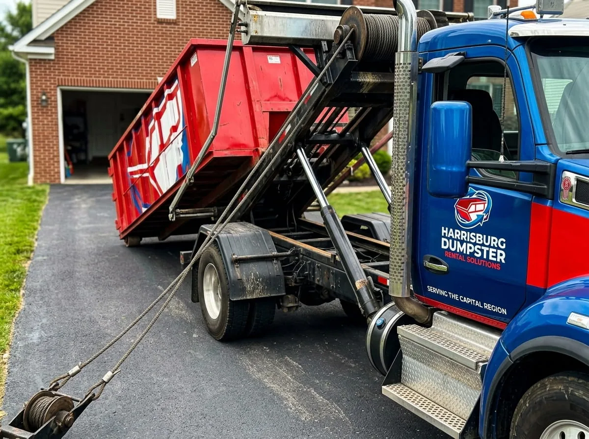 Roll-off dumpster placed on a Harrisburg city street under a right-of-way permit
