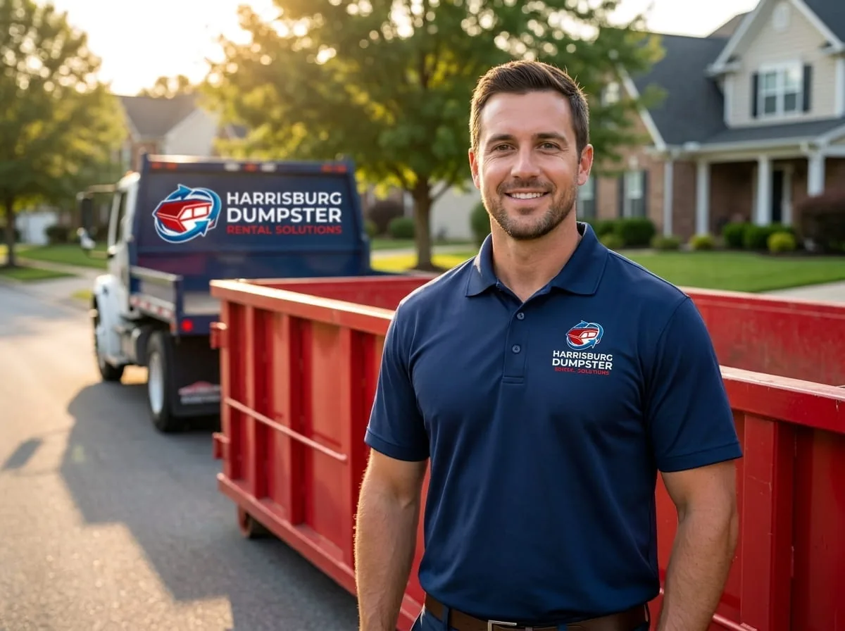 Dave Reinhart, owner of Harrisburg Dumpster Rental Solutions, beside a company roll-off truck
