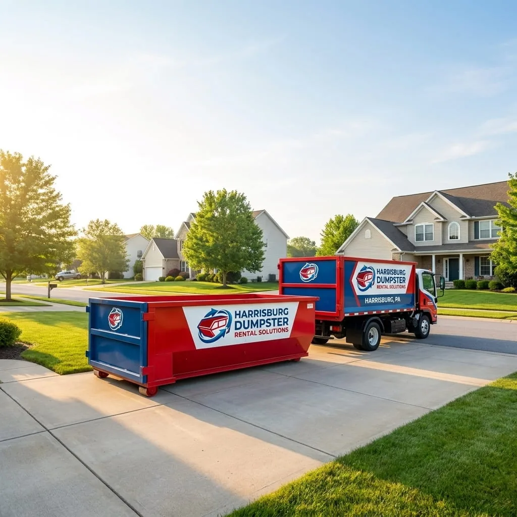Roll-off dumpster on a residential street in Hummelstown, PA