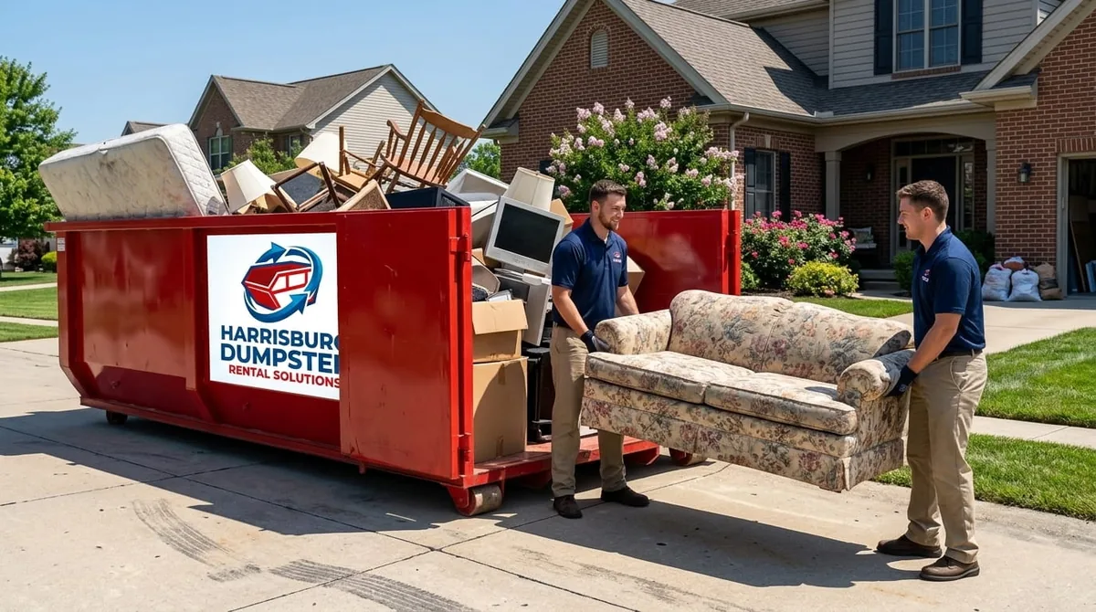 Crew loading furniture into a dumpster during a home clean-out in Harrisburg, PA