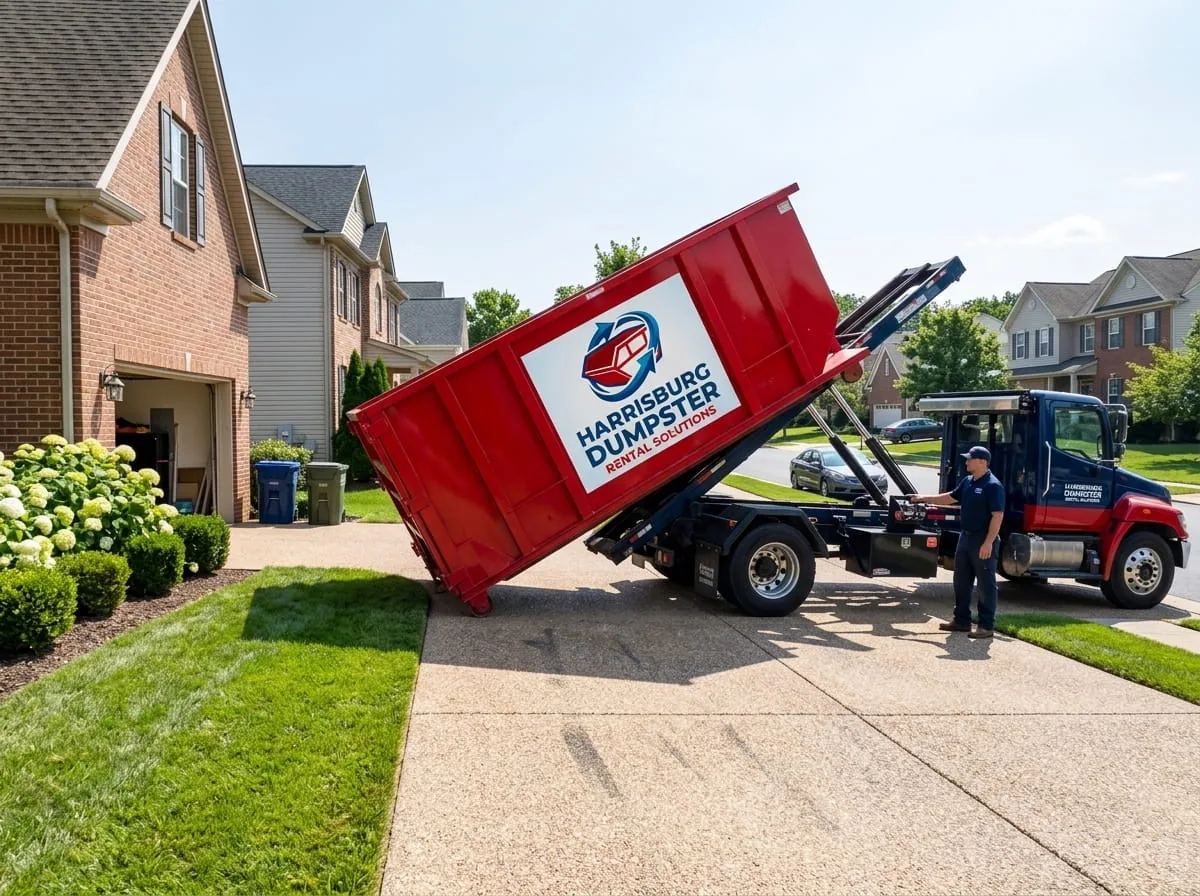 Roofing dumpster positioned beside a house during a shingle tear-off in Harrisburg, PA