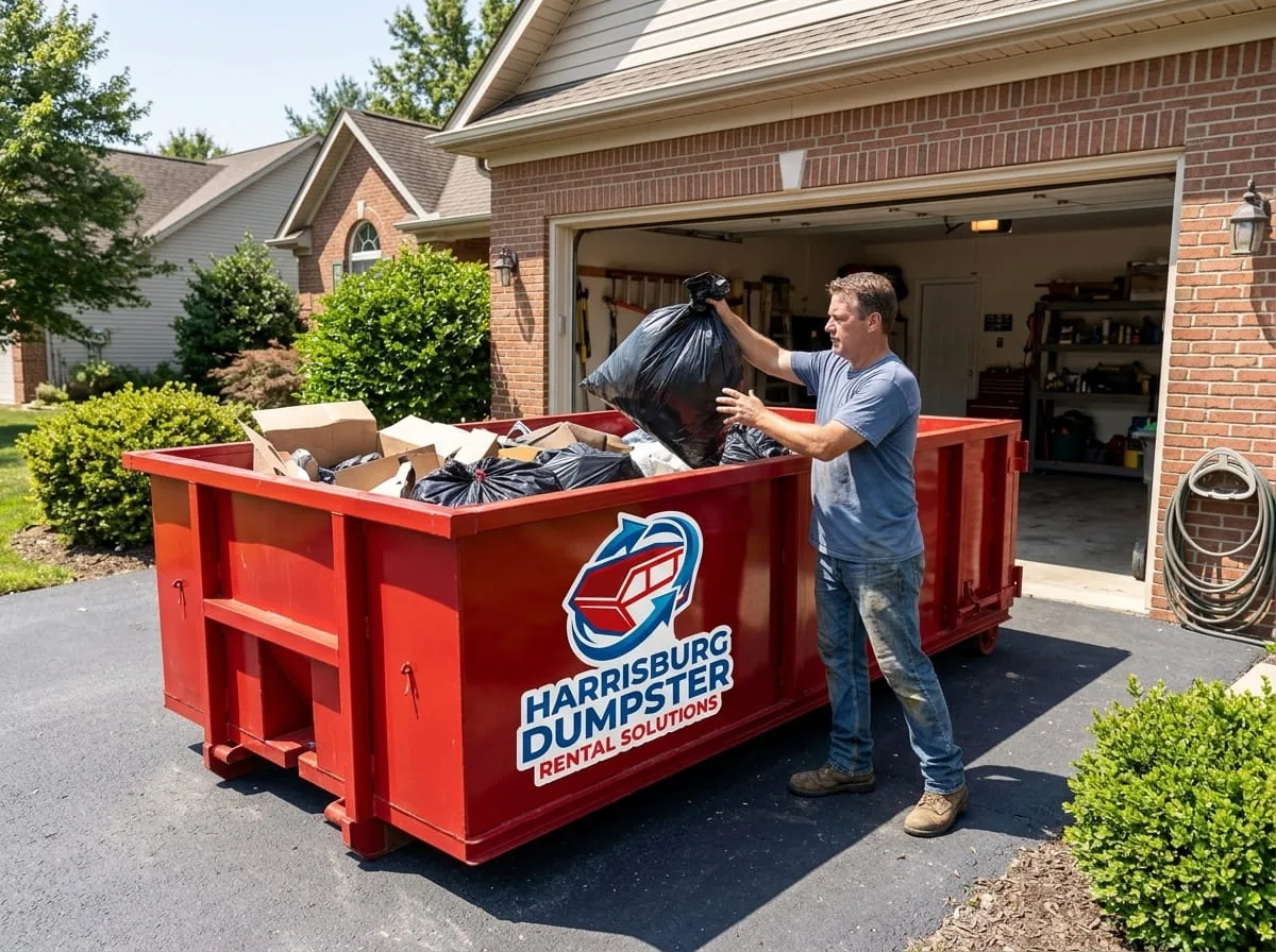 Dumpster loaded with storm debris and downed limbs in Harrisburg, PA